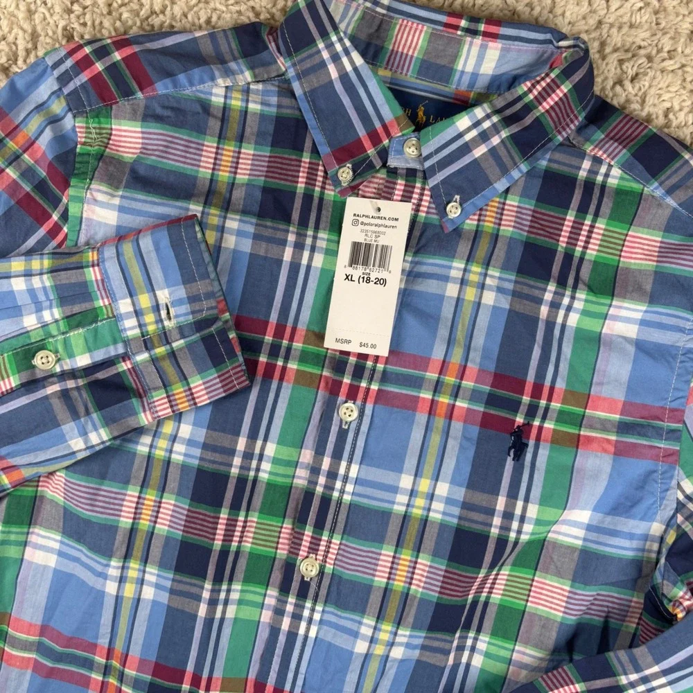 NWT Ralph Lauren Kids Button Down Shirt XL 18-20 Blue Plaid Long Sleeve Preppy